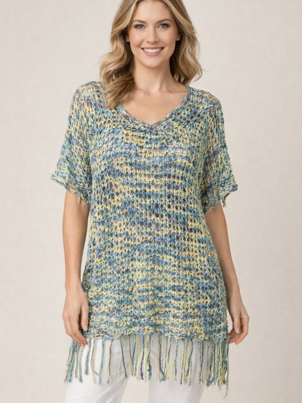 Ali Miles Mix-Color Open-Knit Crochet Fringe Tunic Top - Small